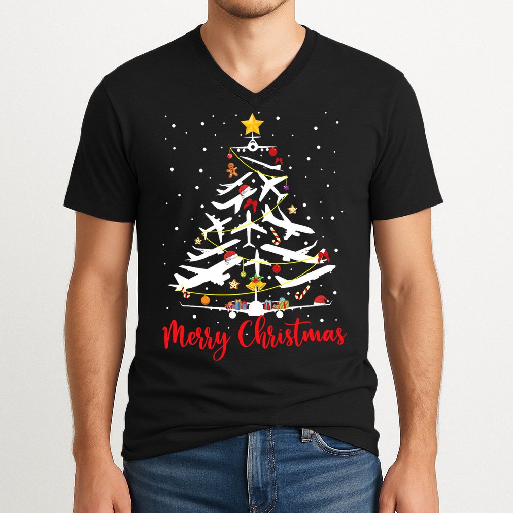 Airplane Christmas Tree Merry Christmas Most Likely Pilot V-Neck T-Shirt
