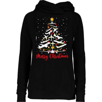 Airplane Christmas Tree Merry Christmas Most Likely Pilot Womens Funnel Neck Pullover Hood