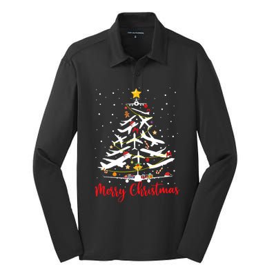 Airplane Christmas Tree Merry Christmas Most Likely Pilot Silk Touch Performance Long Sleeve Polo