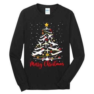 Airplane Christmas Tree Merry Christmas Most Likely Pilot Tall Long Sleeve T-Shirt