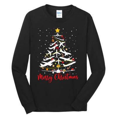 Airplane Christmas Tree Merry Christmas Most Likely Pilot Tall Long Sleeve T-Shirt