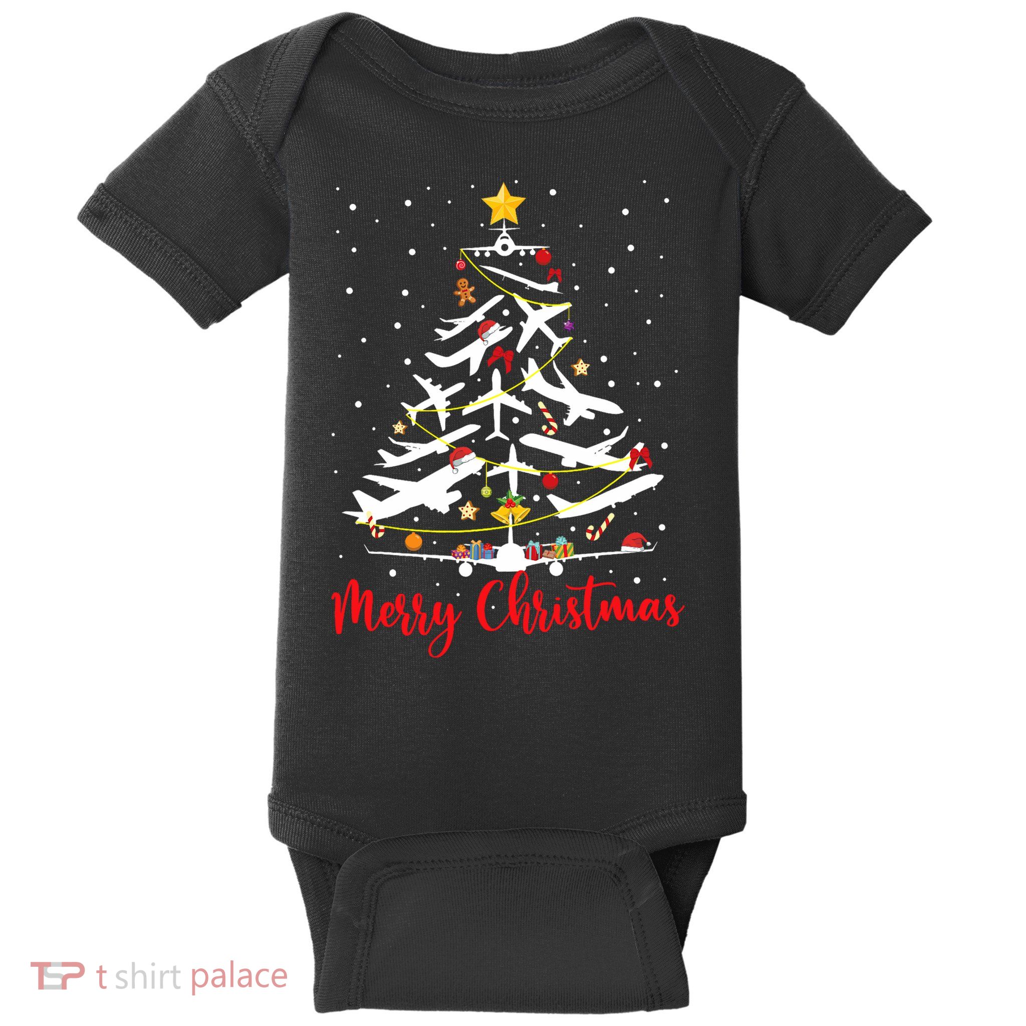 Airplane Christmas Tree Merry Christmas Most Likely Pilot Baby Bodysuit