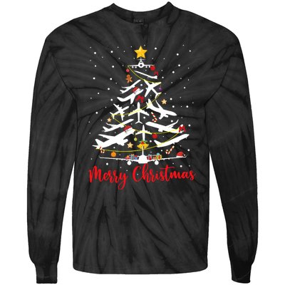 Airplane Christmas Tree Merry Christmas Most Likely Pilot Tie-Dye Long Sleeve Shirt