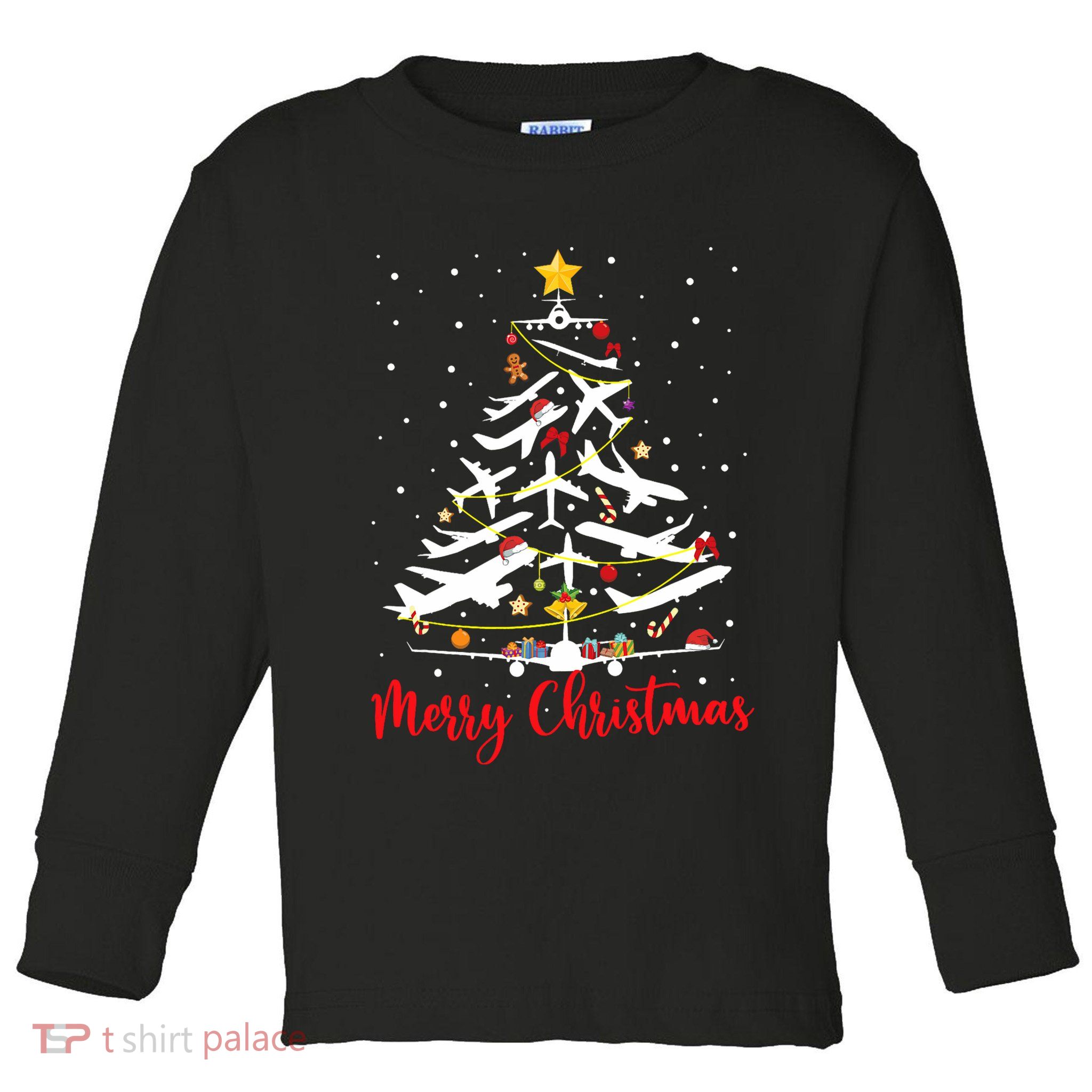Airplane Christmas Tree Merry Christmas Most Likely Pilot Toddler Long Sleeve Shirt