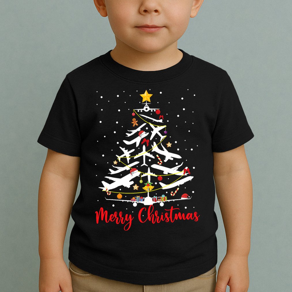 Airplane Christmas Tree Merry Christmas Most Likely Pilot Toddler T-Shirt