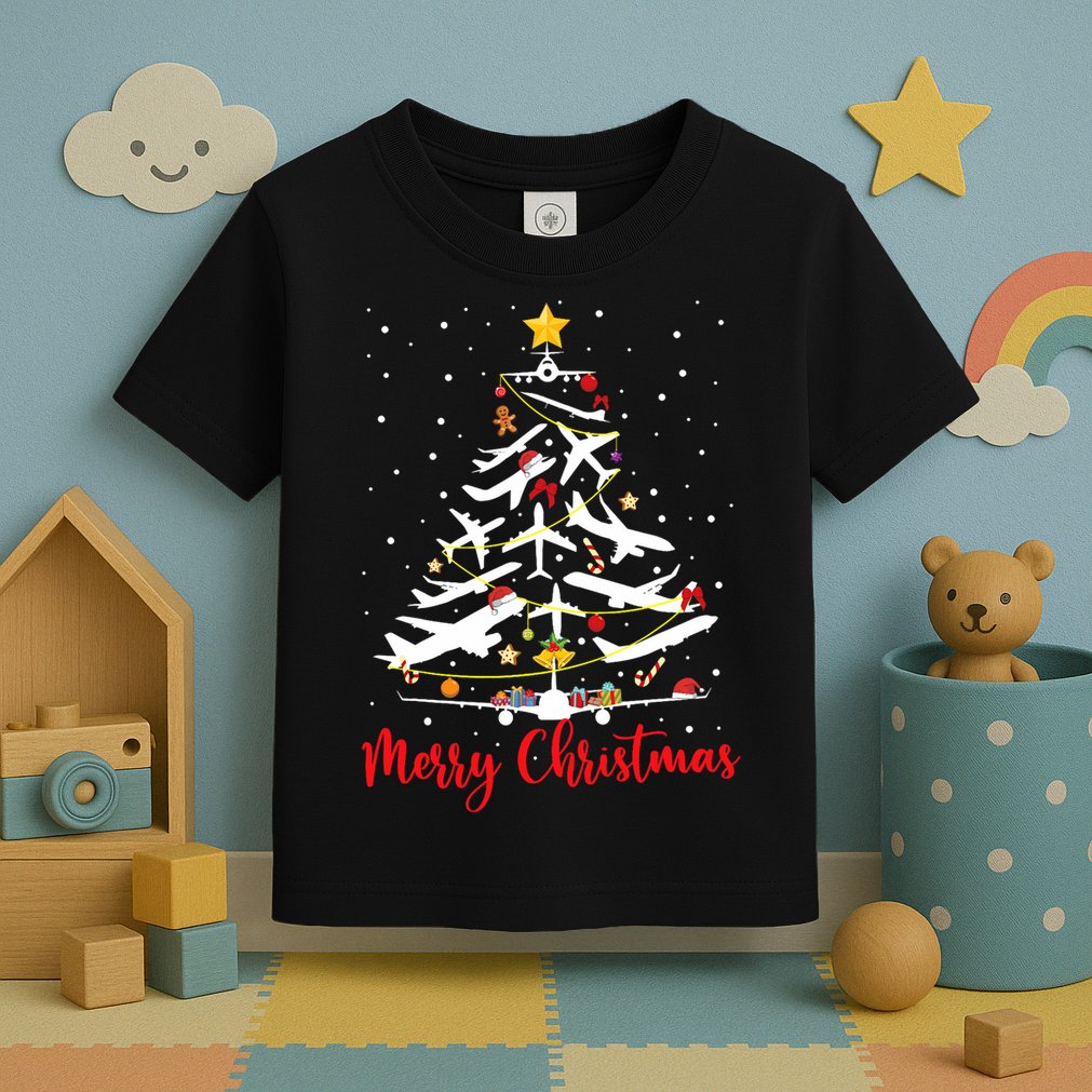 Airplane Christmas Tree Merry Christmas Most Likely Pilot Toddler T-Shirt