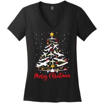 Airplane Christmas Tree Merry Christmas Most Likely Pilot Women's V-Neck T-Shirt