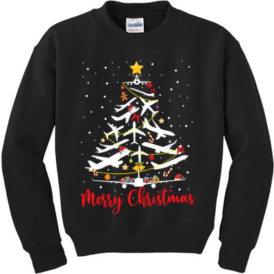 Airplane Christmas Tree Merry Christmas Most Likely Pilot Kids Sweatshirt