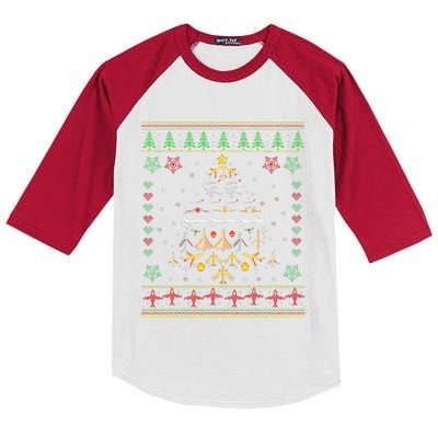 Airplane Christmas Tree Ugly Xmas Sweater Decoration Pilot Kids Colorblock Raglan Jersey