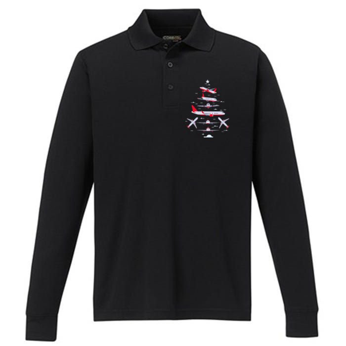 Airplane Christmas Tree Pilot Merry Christmas Xmas Tree Performance Long Sleeve Polo