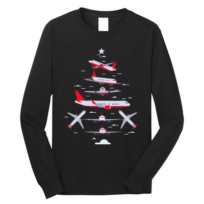 Airplane Christmas Tree Pilot Merry Christmas Xmas Tree Long Sleeve Shirt