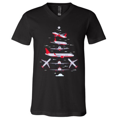 Airplane Christmas Tree Pilot Merry Christmas Xmas Tree V-Neck T-Shirt