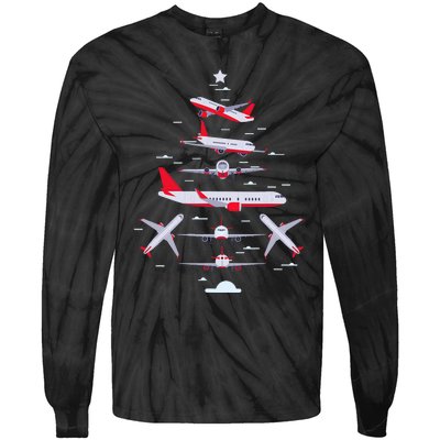 Airplane Christmas Tree Pilot Merry Christmas Xmas Tree Tie-Dye Long Sleeve Shirt