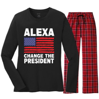 Alexa Change The President Funny Political Humor Women's Long Sleeve Flannel Pajama Set 