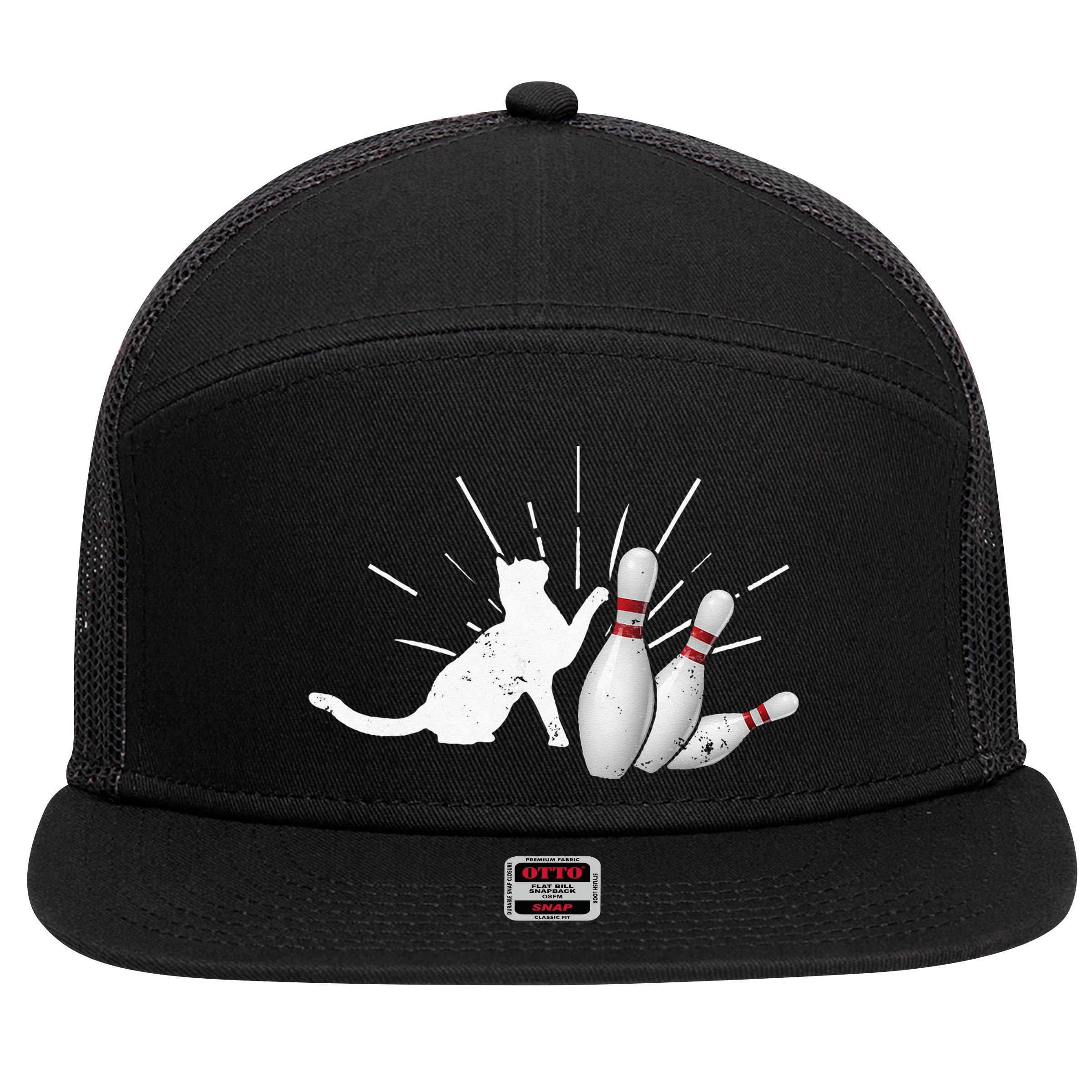Alley Cat Tipping Pins Funny Bowling 7 Panel Mesh Trucker Snapback Hat