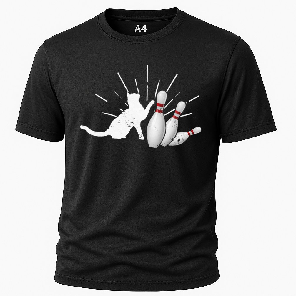 Alley Cat Tipping Pins Funny Bowling Cooling Performance Crew T-Shirt
