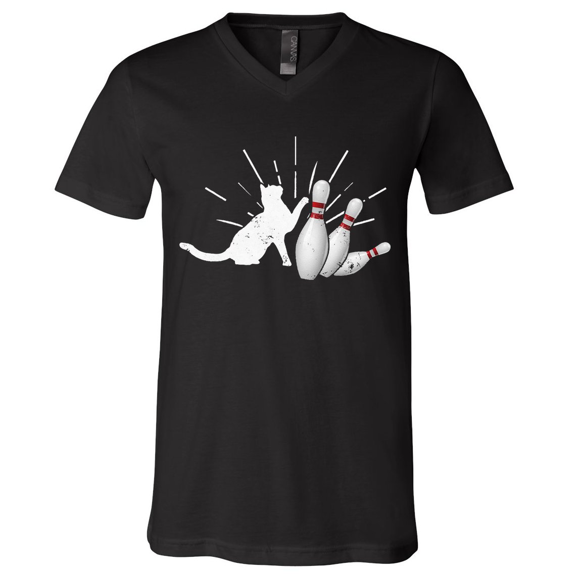 Alley Cat Tipping Pins Funny Bowling V-Neck T-Shirt