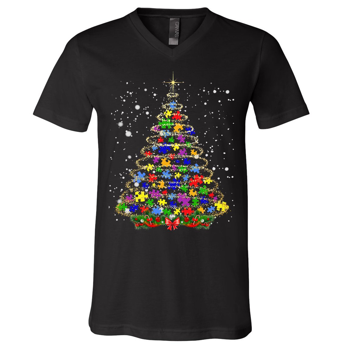 Autism Christmas Tree Lights Xmas Cute Xmas Autism Awareness V-Neck T-Shirt