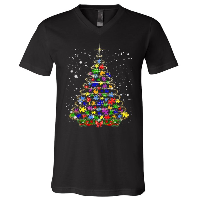 Autism Christmas Tree Lights Xmas Cute Xmas Autism Awareness V-Neck T-Shirt