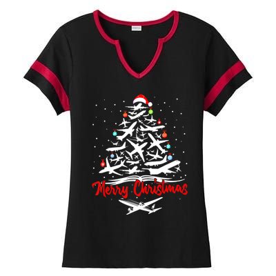 Airplane Christmas Tree Ladies Halftime Notch Neck Tee