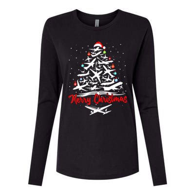 Airplane Christmas Tree Womens Cotton Relaxed Long Sleeve T-Shirt