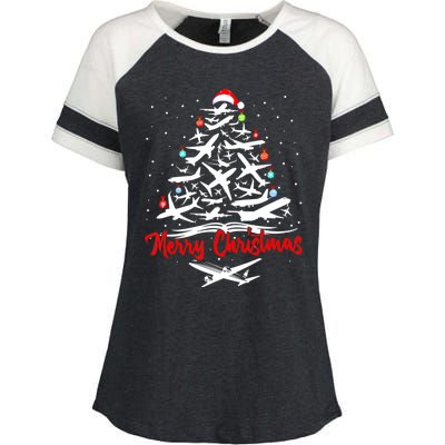 Airplane Christmas Tree Enza Ladies Jersey Colorblock Tee