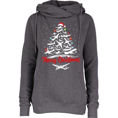 Airplane Christmas Tree Womens Funnel Neck Pullover Hood