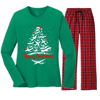 Airplane Christmas Tree Women's Long Sleeve Flannel Pajama Set 