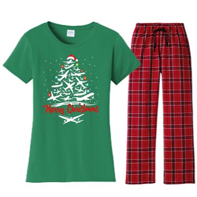 Airplane Christmas Tree Women's Flannel Pajama Set