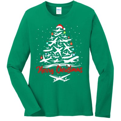 Airplane Christmas Tree Ladies Long Sleeve Shirt