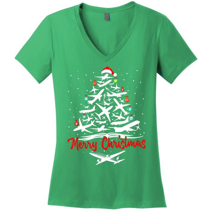 Airplane Christmas Tree Women's V-Neck T-Shirt