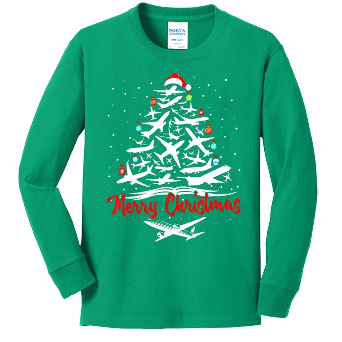 Airplane Christmas Tree Kids Long Sleeve Shirt