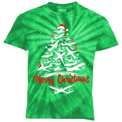 Airplane Christmas Tree Kids Tie-Dye T-Shirt