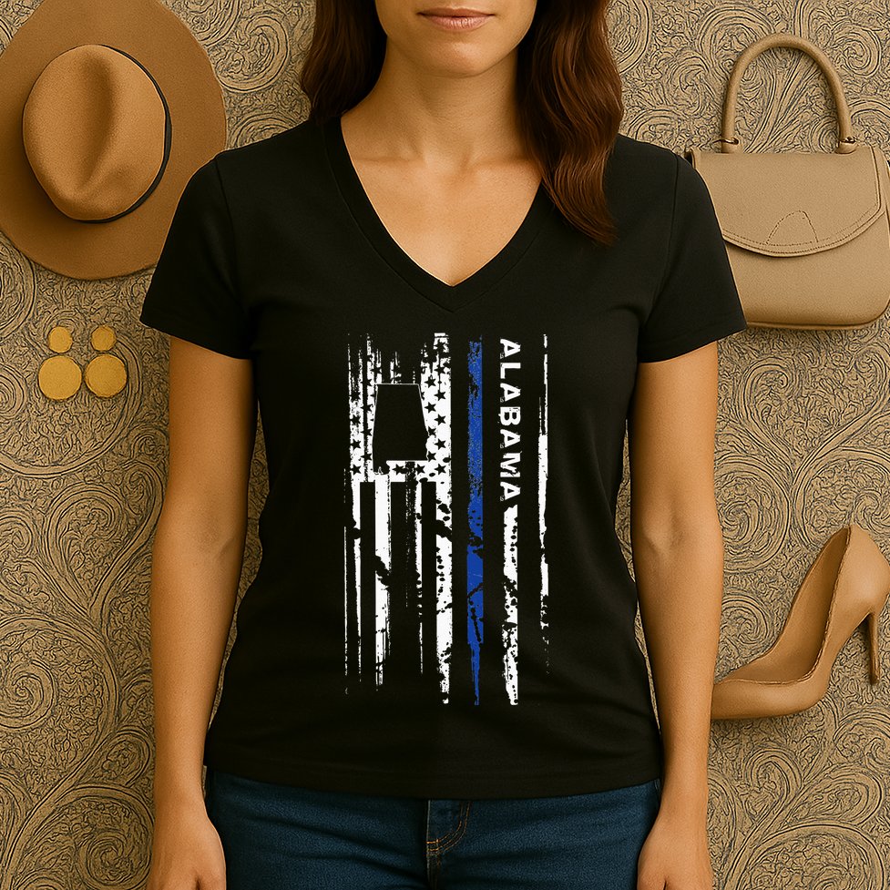 Alabama Cop Thin Blue Line Leo Police American Flag Women's V-Neck T-Shirt