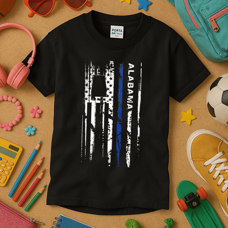 Alabama Cop Thin Blue Line Leo Police American Flag Kids T-Shirt