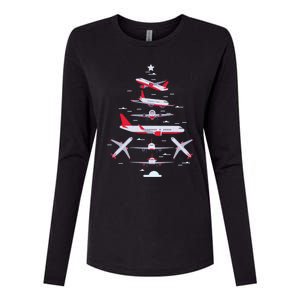 Airplane Christmas Tree Pilot Merry Christmas Xmas Tree Gift Womens Cotton Relaxed Long Sleeve T-Shirt