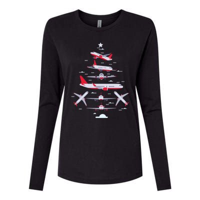 Airplane Christmas Tree Pilot Merry Christmas Xmas Tree Gift Womens Cotton Relaxed Long Sleeve T-Shirt