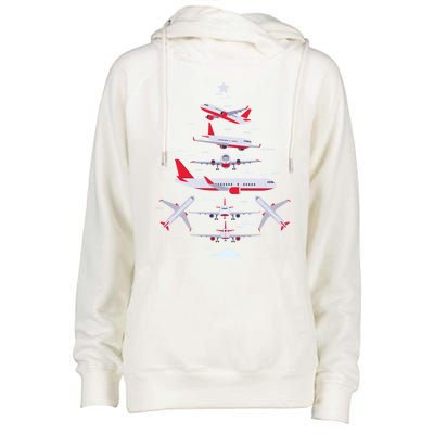 Airplane Christmas Tree Pilot Merry Christmas Xmas Tree Gift Womens Funnel Neck Pullover Hood