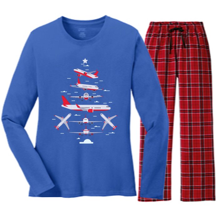 Airplane Christmas Tree Pilot Merry Christmas Xmas Tree Gift Women's Long Sleeve Flannel Pajama Set 