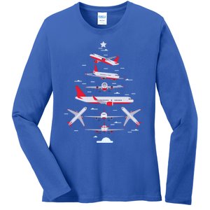 Airplane Christmas Tree Pilot Merry Christmas Xmas Tree Gift Ladies Long Sleeve Shirt