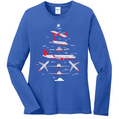 Airplane Christmas Tree Pilot Merry Christmas Xmas Tree Gift Ladies Long Sleeve Shirt