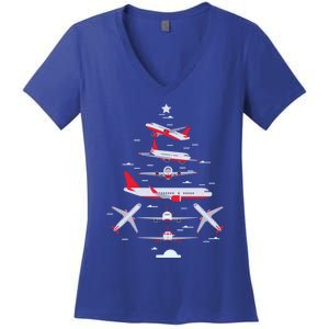 Airplane Christmas Tree Pilot Merry Christmas Xmas Tree Gift Women's V-Neck T-Shirt