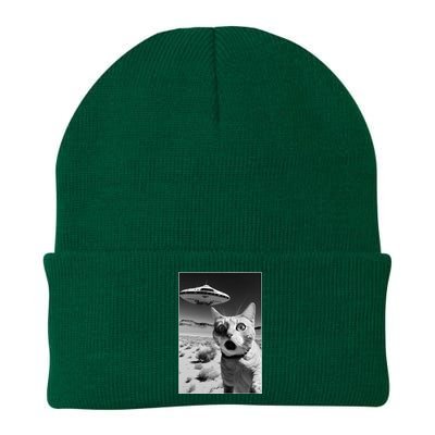 A cat taking a selfie with a ufo spaceship funny pun meme Knit Cap Winter Beanie