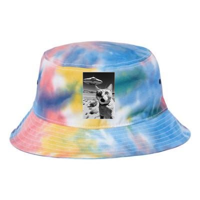 A cat taking a selfie with a ufo spaceship funny pun meme Tie Dye Newport Bucket Hat