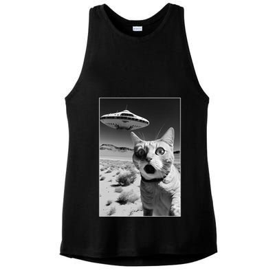 A cat taking a selfie with a ufo spaceship funny pun meme Ladies PosiCharge Tri-Blend Wicking Tank