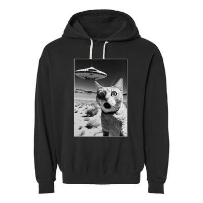 A cat taking a selfie with a ufo spaceship funny pun meme Garment-Dyed Fleece Hoodie