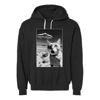 A cat taking a selfie with a ufo spaceship funny pun meme Garment-Dyed Fleece Hoodie