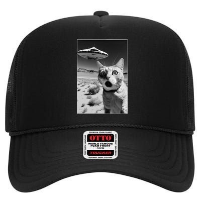 A cat taking a selfie with a ufo spaceship funny pun meme High Crown Mesh Back Trucker Hat