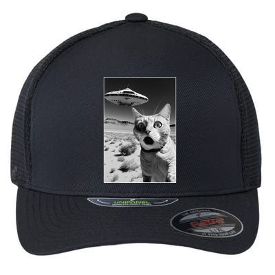 A cat taking a selfie with a ufo spaceship funny pun meme Flexfit Unipanel Trucker Cap