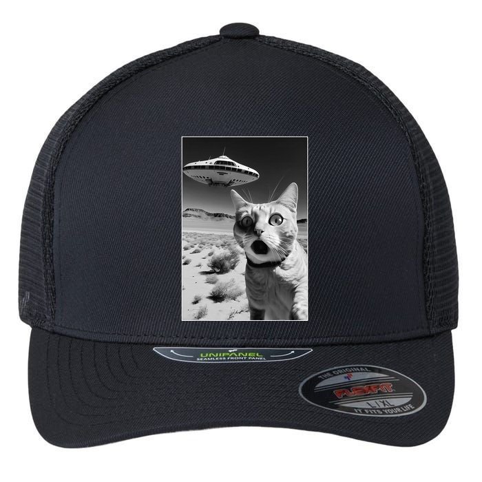 A cat taking a selfie with a ufo spaceship funny pun meme Flexfit Unipanel Trucker Cap